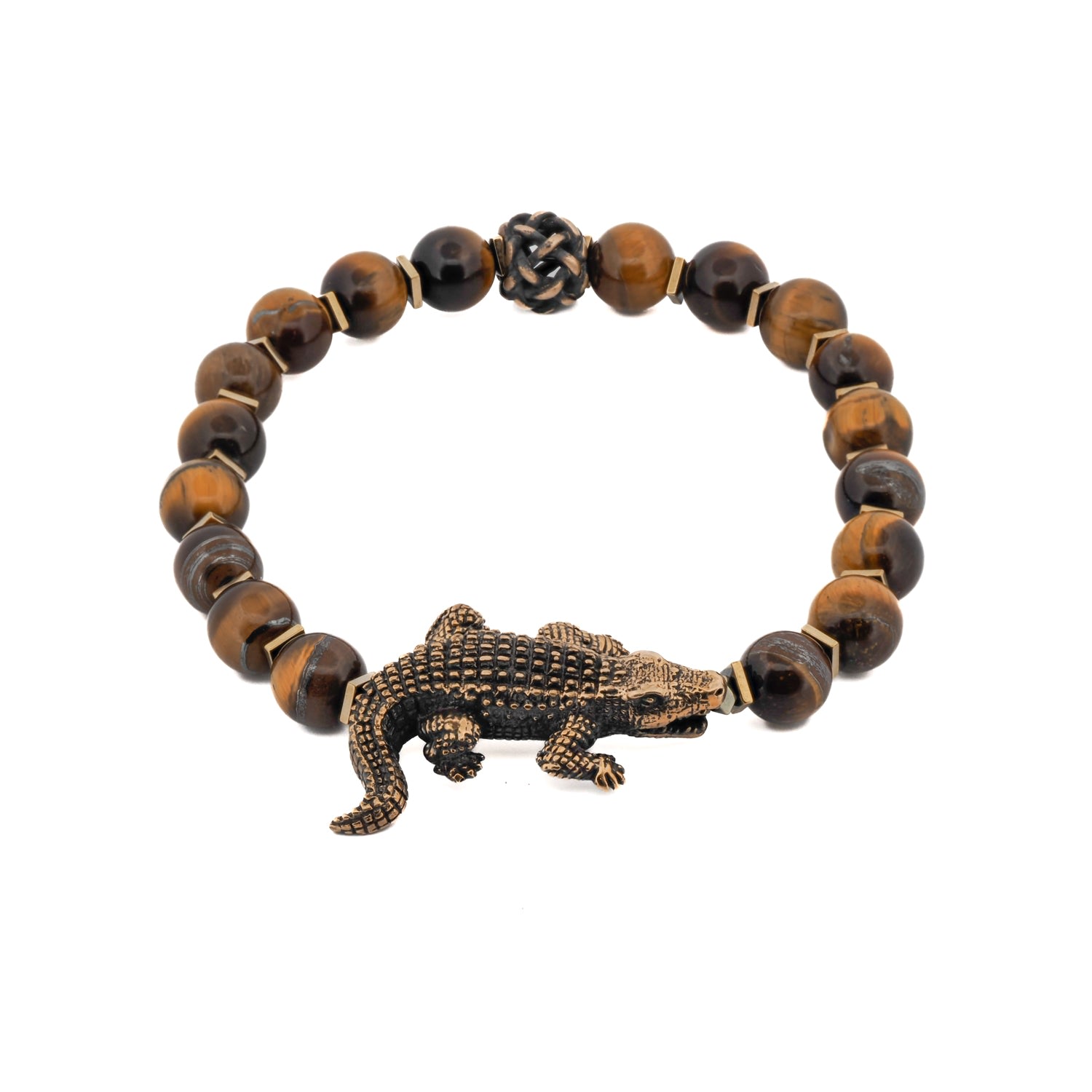 Men’s Gold / Brown Tiger’s Eye Stone Crocodile Beaded Bracelet - Brown Ebru Jewelry