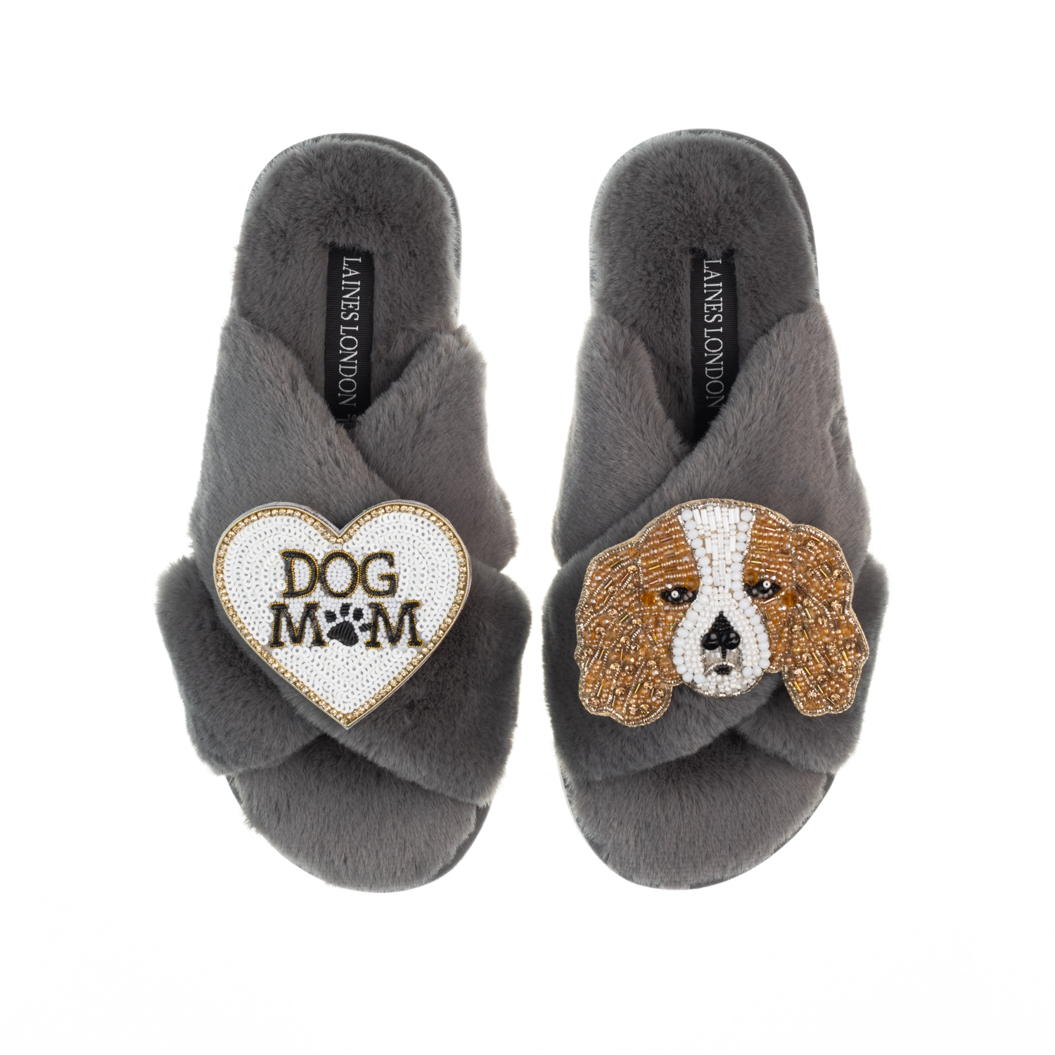 Classic Laines Slippers With Lady The King Charles & Dog Mum / Mom Brooches - Grey Large Laines London