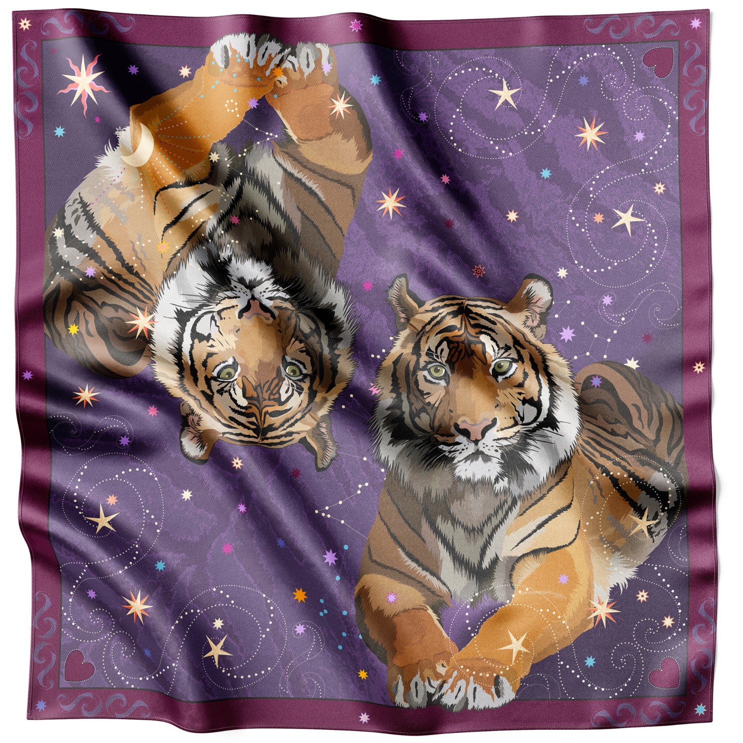 Women’s Pink / Purple / Yellow Wild Majesty Silk Scarf With Illustrated Tigers Katchmagic London X Lamberty Munich