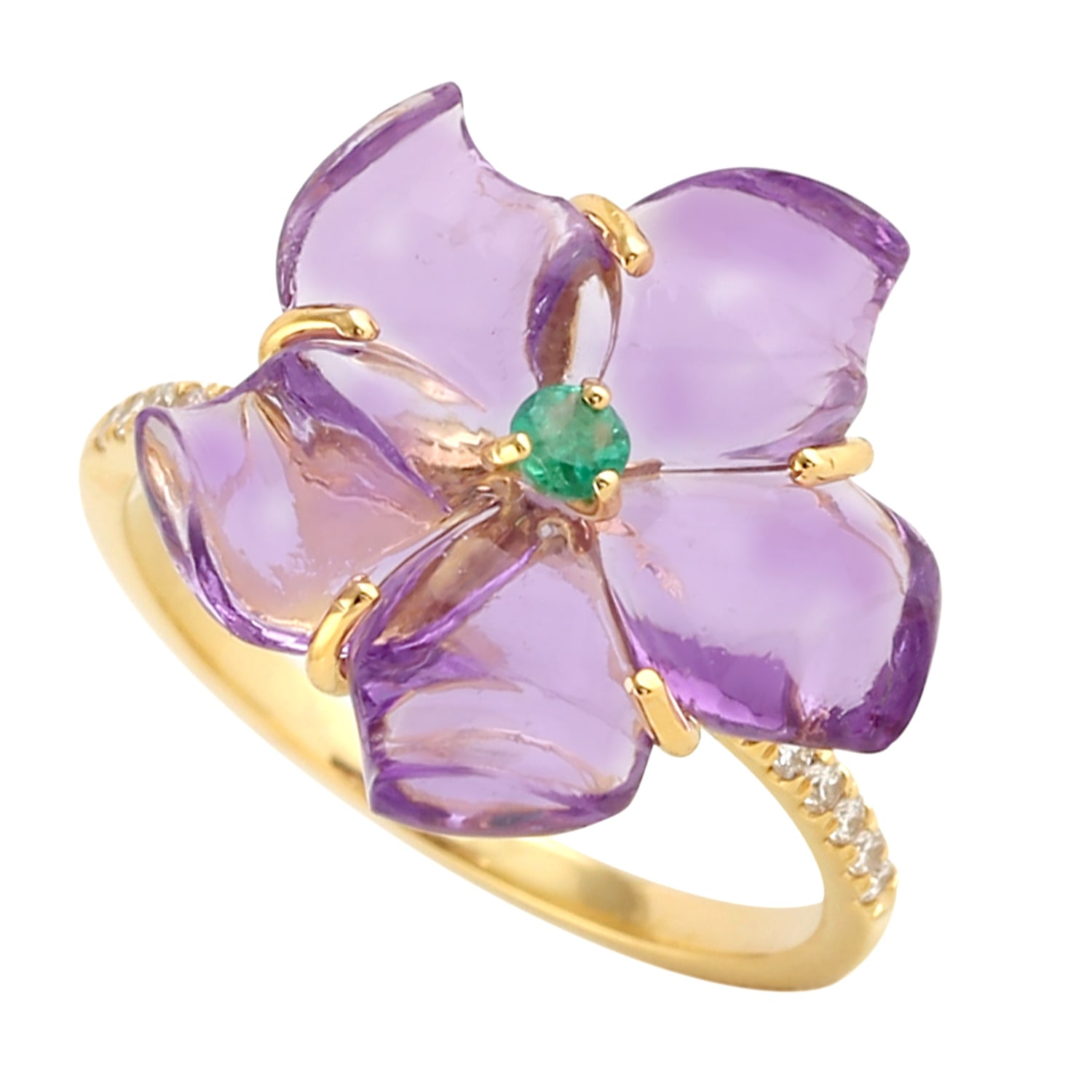 Women’s Green / Pink / Purple 14K Gold Flower Ring Emerald Diamond Mix Stone Artisan