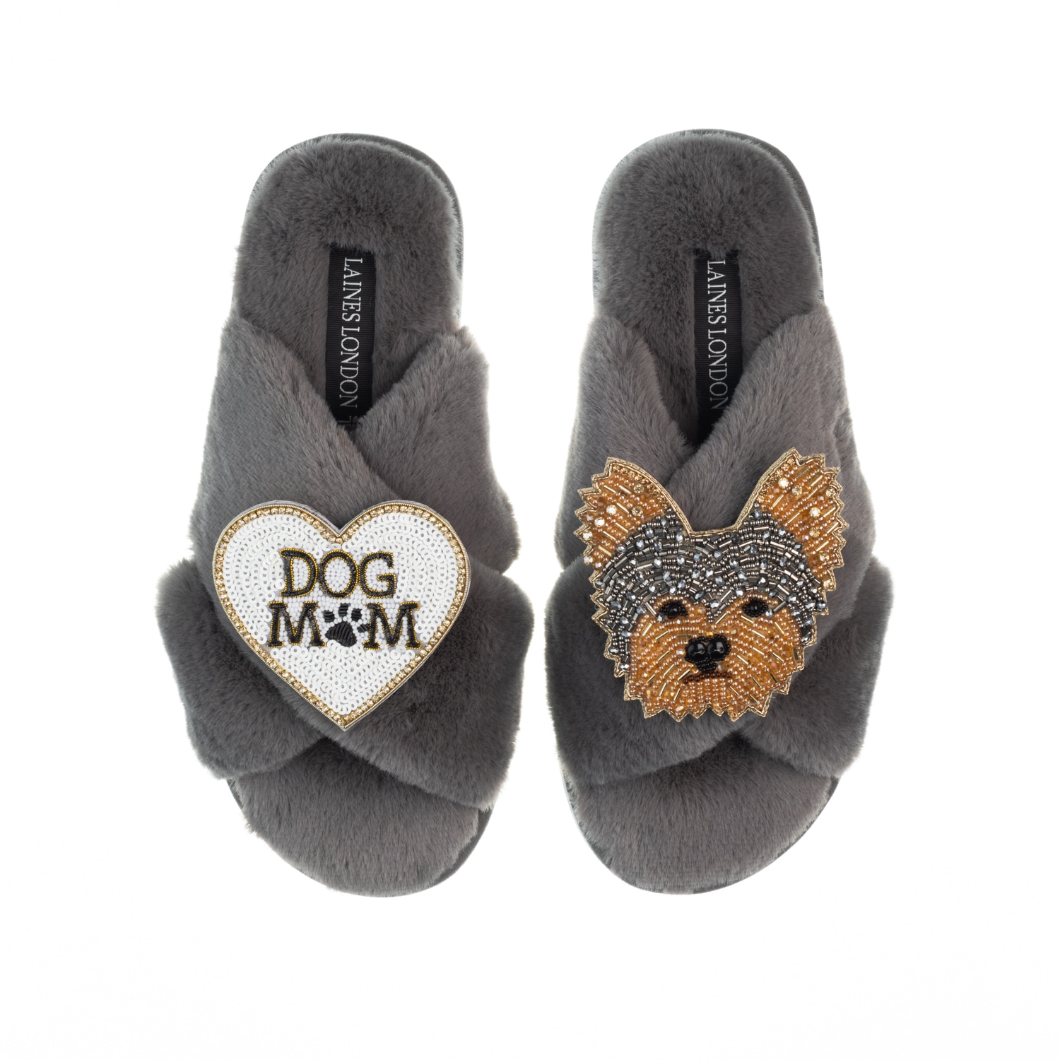 Women’s Classic Laines Slippers With Minnie Yorkie & Dog Mum / Mom Brooches - Grey Large Laines London