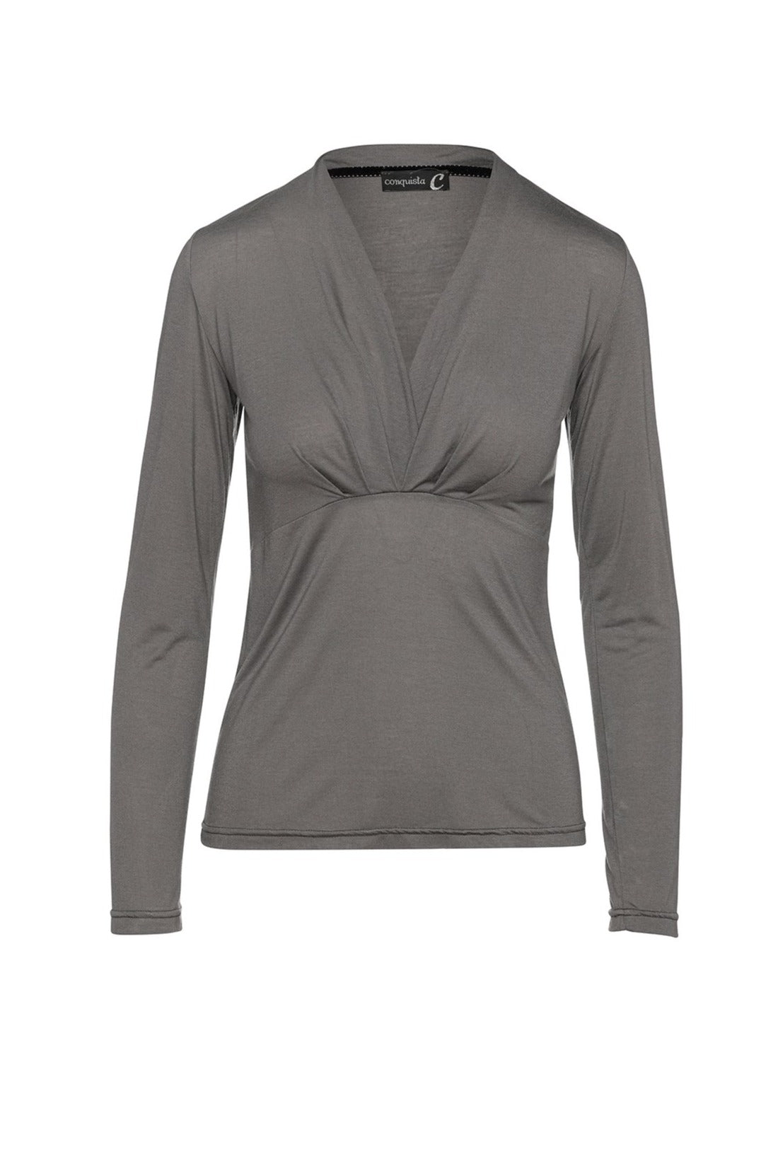 Women’s Dark Grey Cashmere Blend Long Sleeve Faux Wrap Top In Stretch Jersey Sustainable Fabric Large Conquista