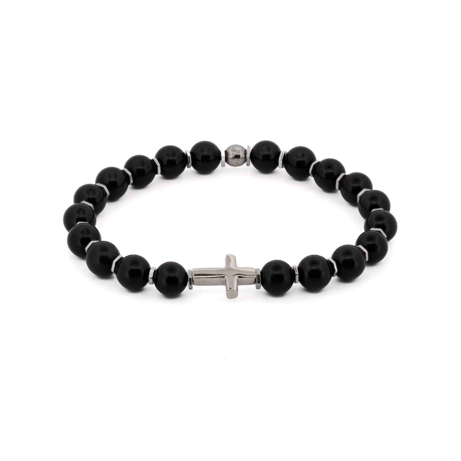 Men’s Black / Silver Sterling Silver Cross Black Onyx Beaded Bracelet - Black Ebru Jewelry