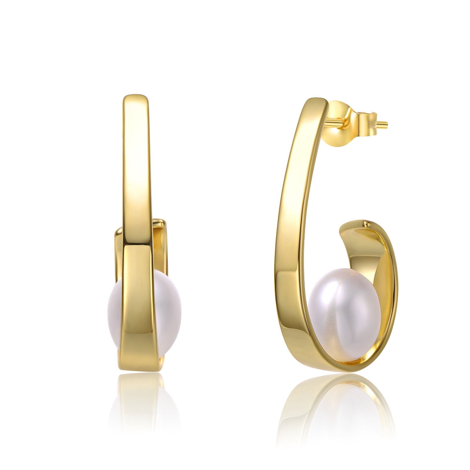 Women’s Gold / White Sterling Silver Yellow Gold Plated White Pearl Half-Hoop Drop Earrings Genevive Jewelry