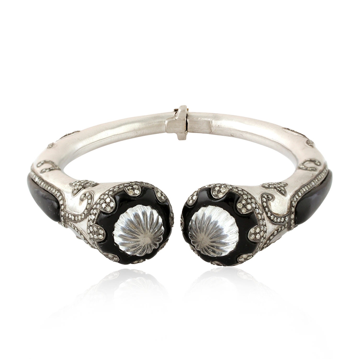 Women’s Black / White 18K White Gold 925 Silver Crystal Quartz & Onyx With Diamond Cuff Bangle Handmade Artisan