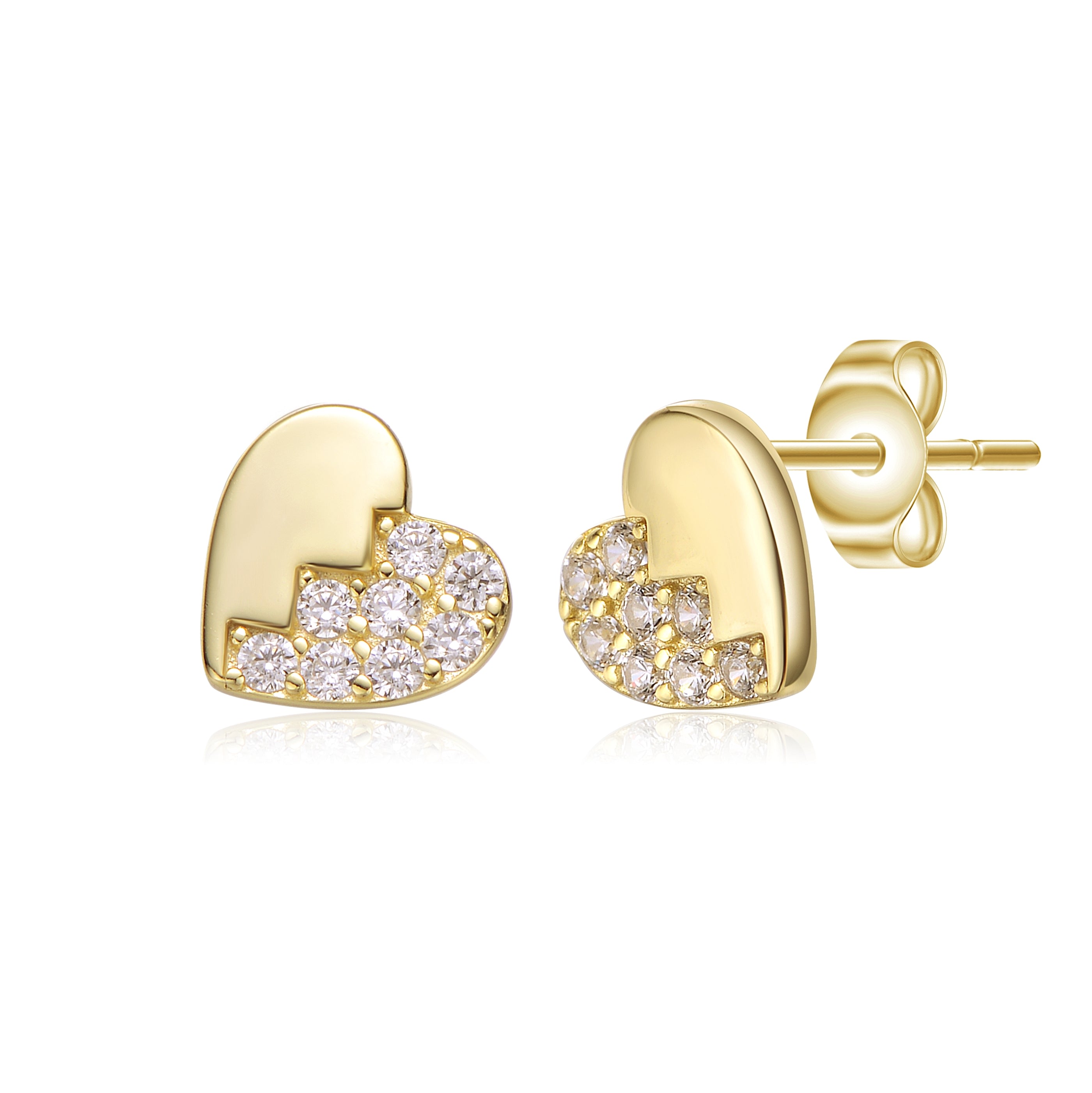 Women’s Gold / White Sterling Silver Gold Plated Clear Cubic Zirconia Heart Stud Butterfly Earrings Genevive Jewelry