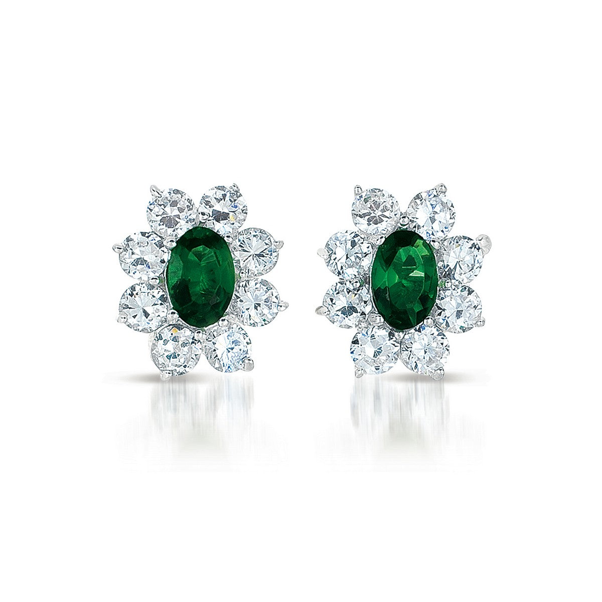Women’s Green / White / Silver Sterling Silver Emerald Cubic Zirconia Flower Stud Earrings Genevive Jewelry