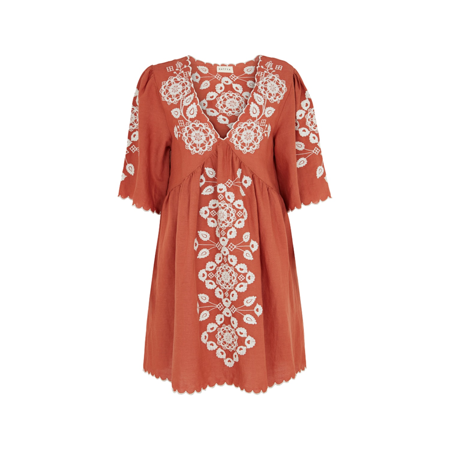 Women’s Arabella Brown Linen With White Embroidered Mini Dress Large Raffya