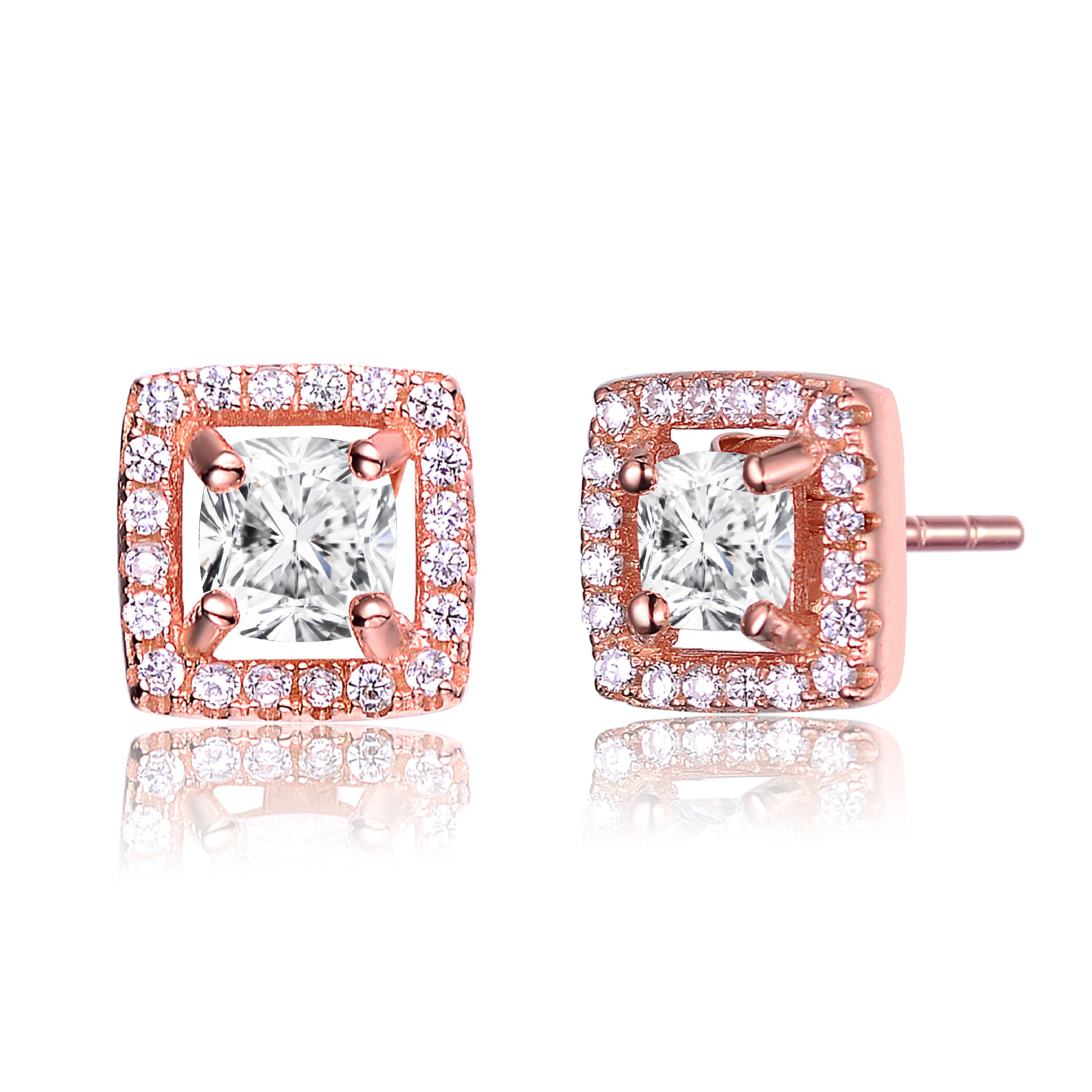 Women’s White / Rose Gold Sterling Silver Rose Gold Plated Cubic Zirconia Square Halo Stud Earrings Genevive Jewelry