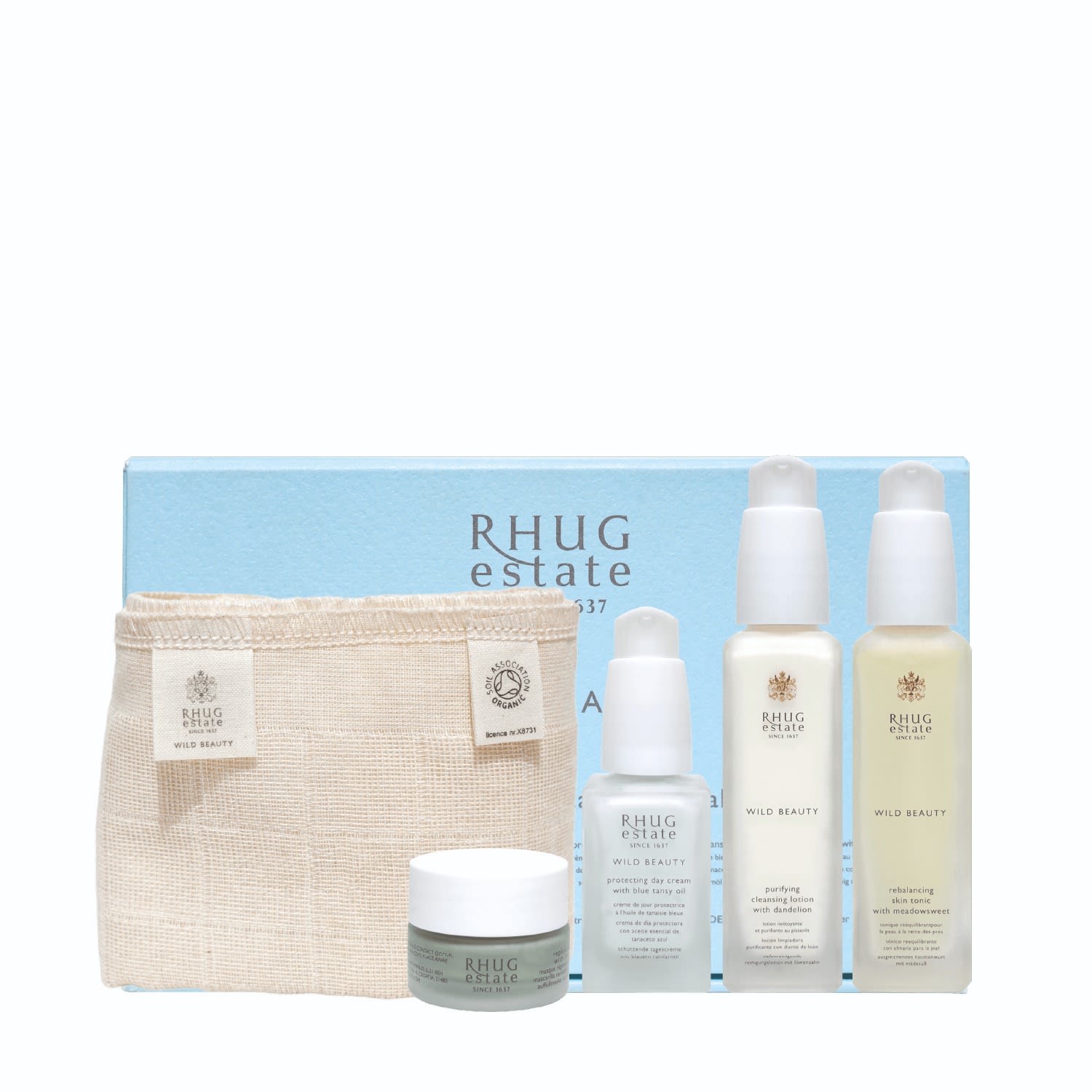 White / Blue / Gold Wild Foraged Skincare Essential Travel Kit Rhug Wild Beauty