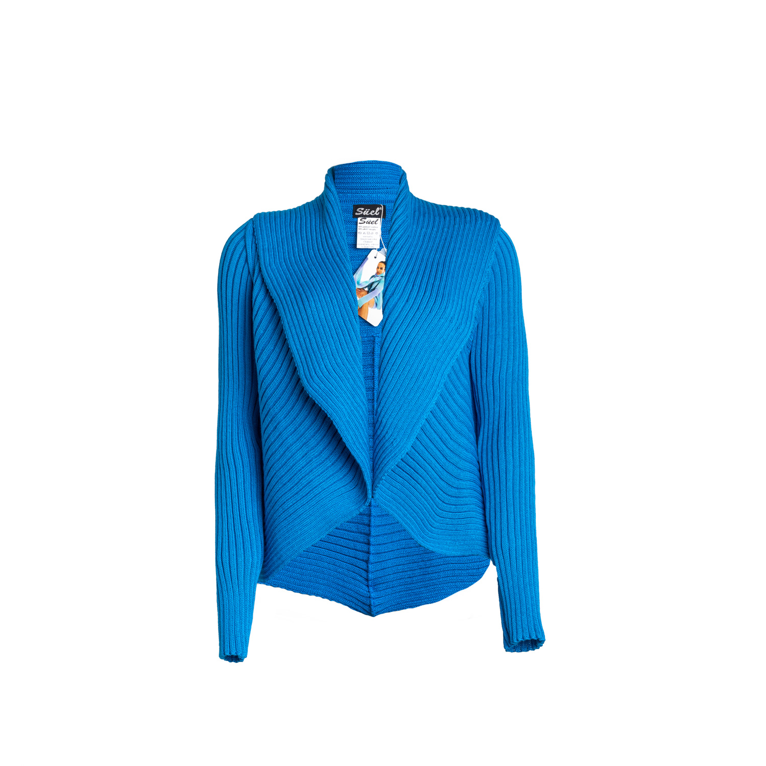 Women’s Ribbed Round Knit Cardigan Sea- Blue One Size Süel Knitwear