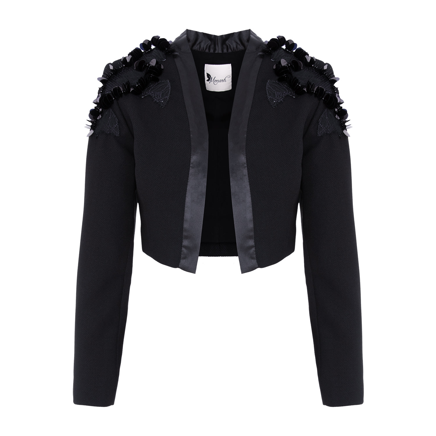 Women’s Black Bolero-Style Jacket With Hand-Embellished Wings Details Large Monarh