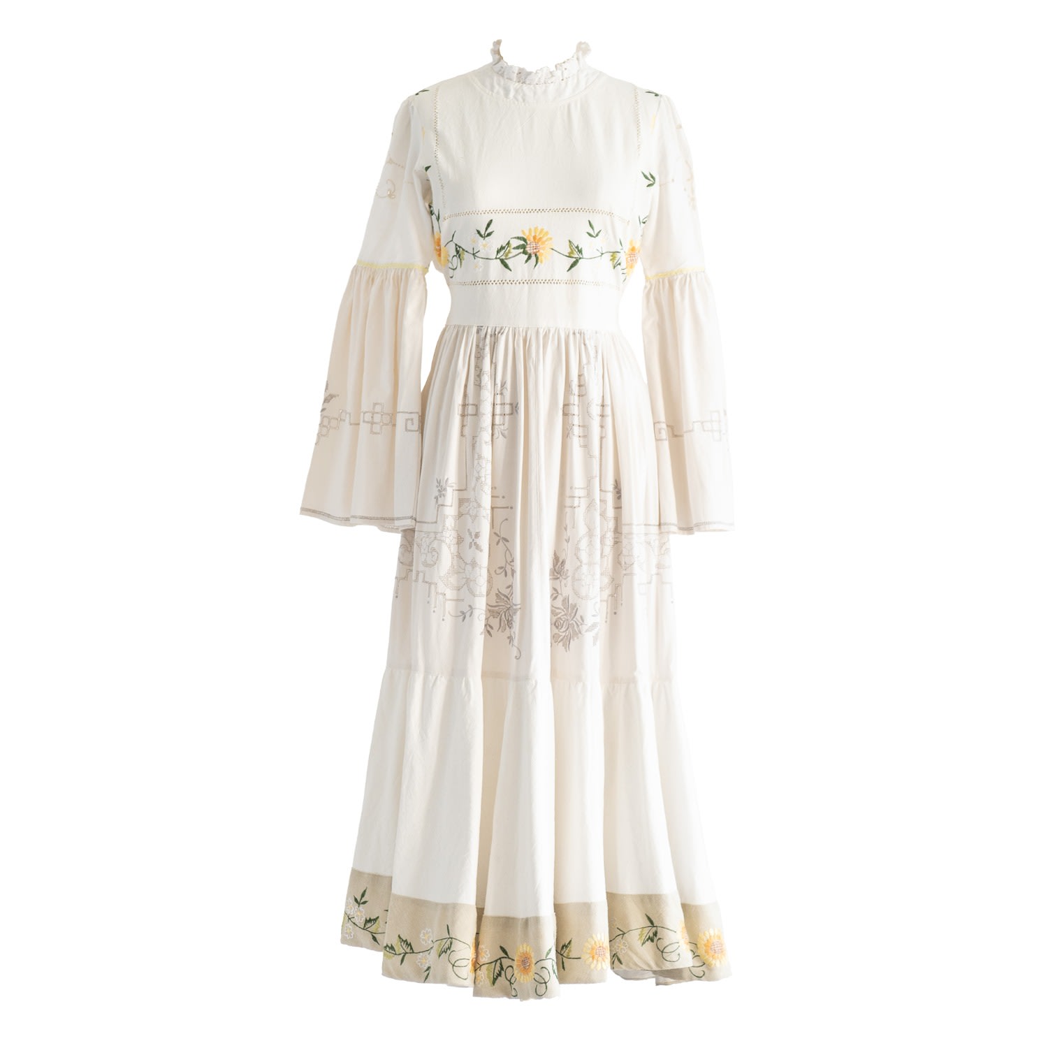 Women’s White Re-Design Upcycled Sunflower Embroidered Beige Border Maxi Dress Large Sugar Cream Vintage