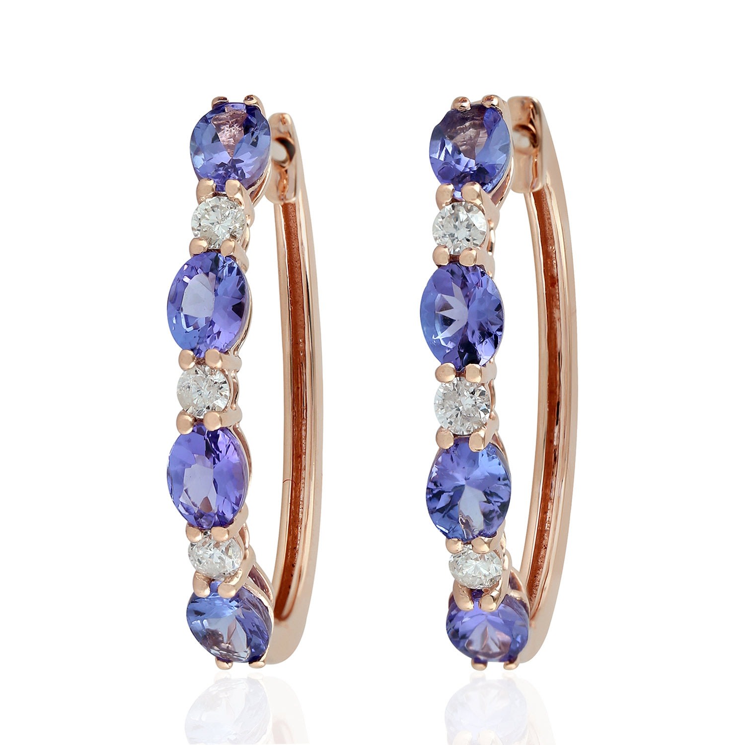 Women’s White / Blue / Rose Gold Tanzanite Huggie Earrings 18K Rose Gold Diamond Handmade Jewelry Artisan