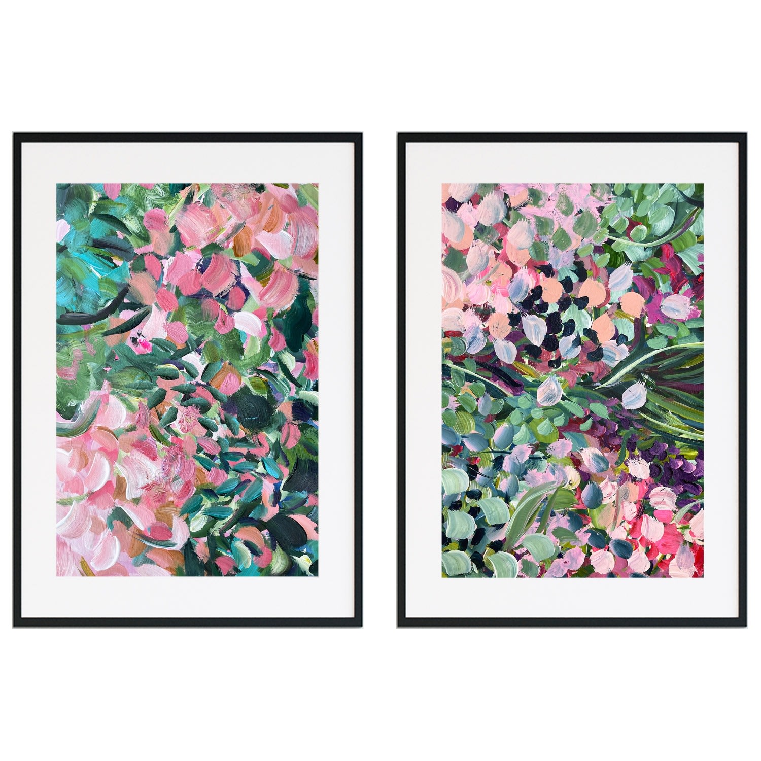 Pink / Purple Spring Flowers - Abstract Floral Print Pair Jessica Slack Studio
