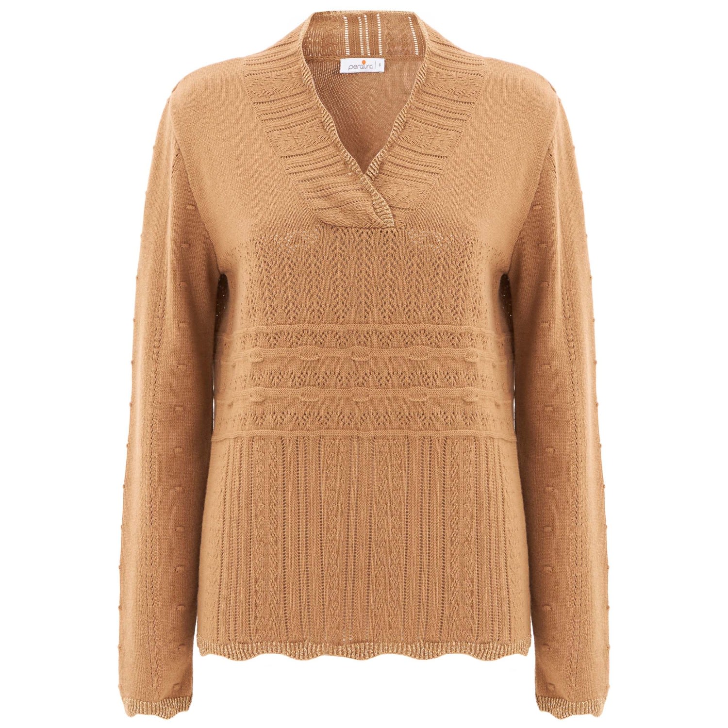 Women’s Brown Cashmere Blend Shawl Collar Openwork Knitwear Pullover - Camel Large Peraluna