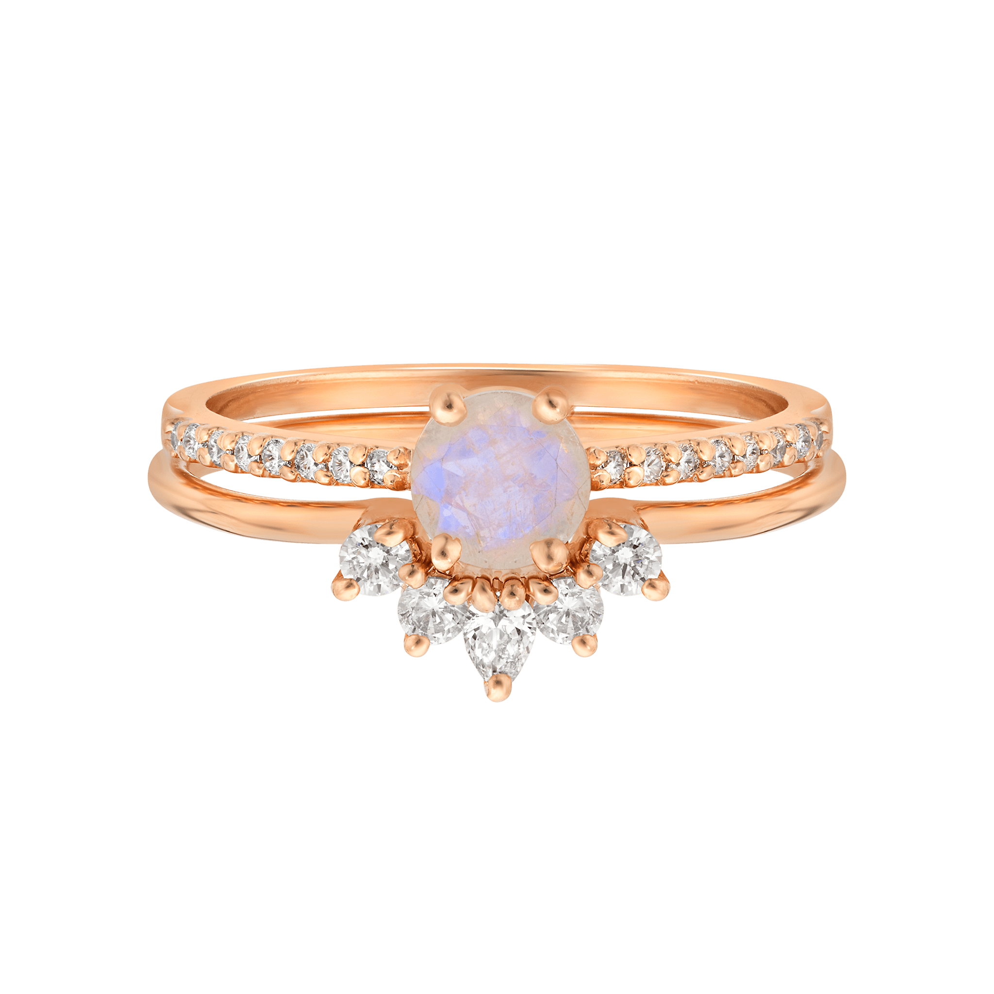 Women’s Rose Gold Rainbow Moonstone & Topaz Dancing Fairy Ring Set La Kaiser