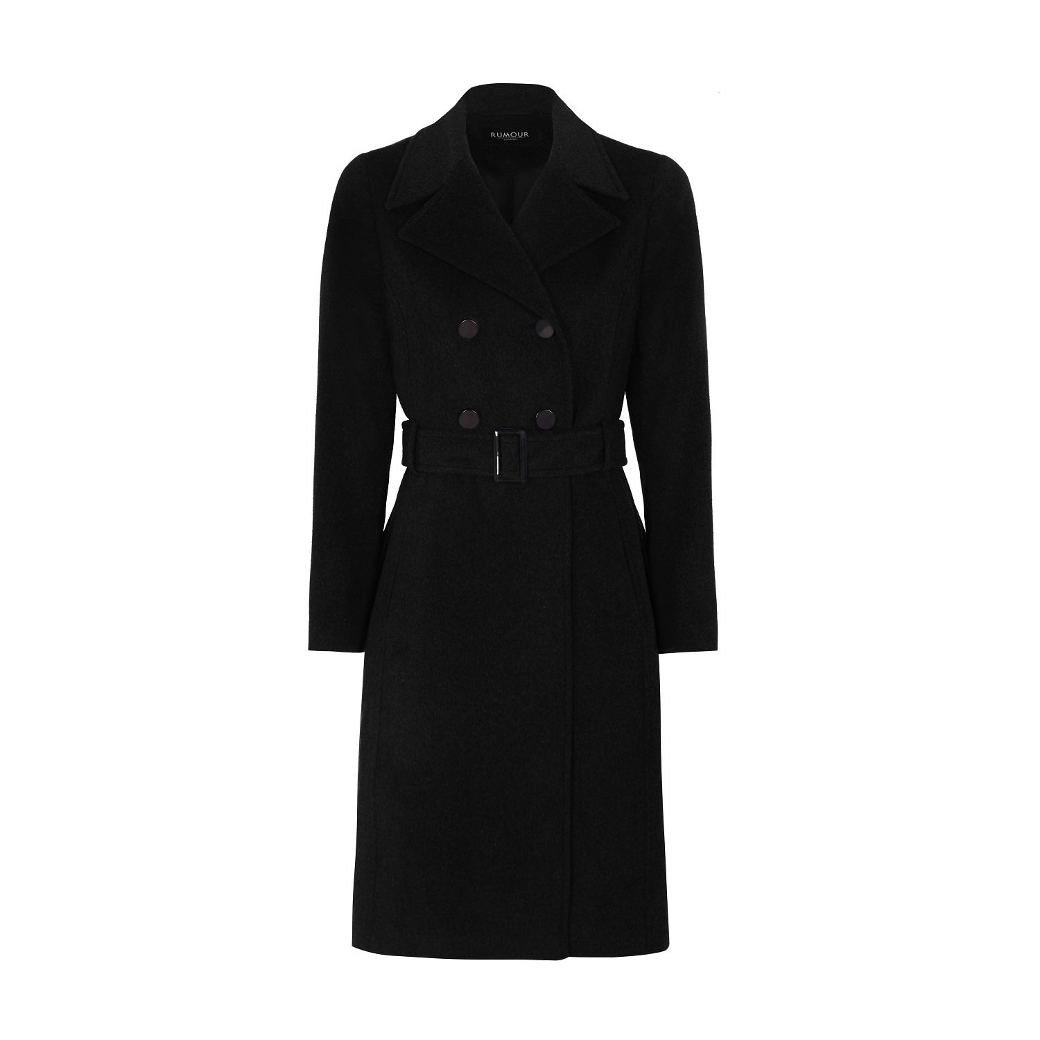 Women’s Isabella Black Wool & Cashmere Blend Coat With Double-Breasted Silhouette & Pleated Back Small Rumour London