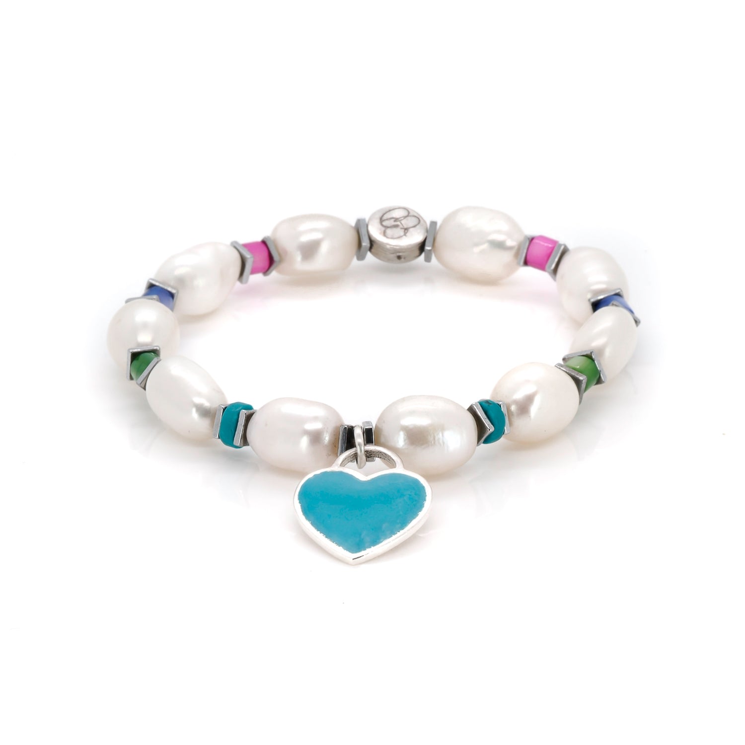 Women’s Blue / White / Pink Sterling Silver Blue Enamel Heart Charm Pearl Beaded Bracelet - White Ebru Jewelry