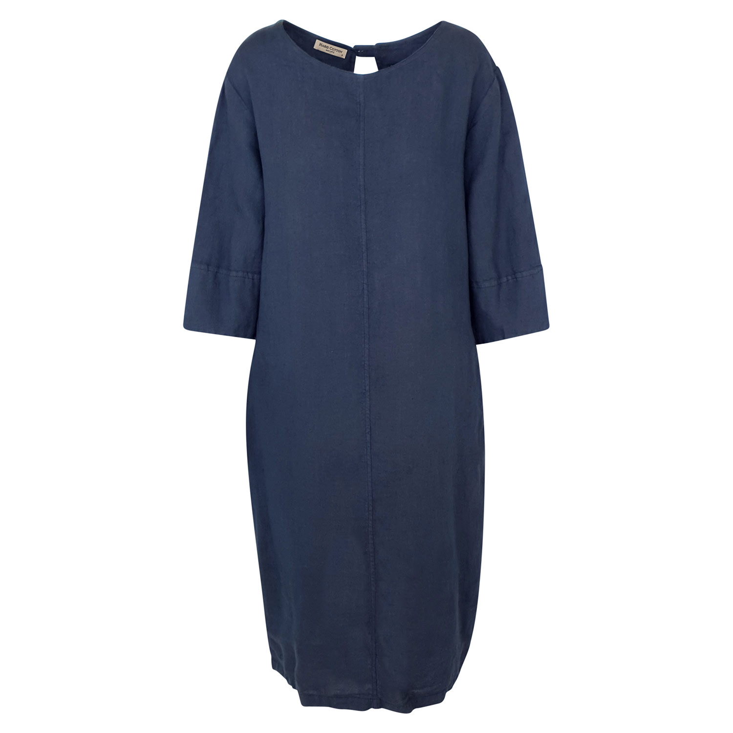 Women’s Keyhole Neckline Midi Linen Dress With Three Quarter Sleeve - Blue Marine Extra Small Haris Cotton