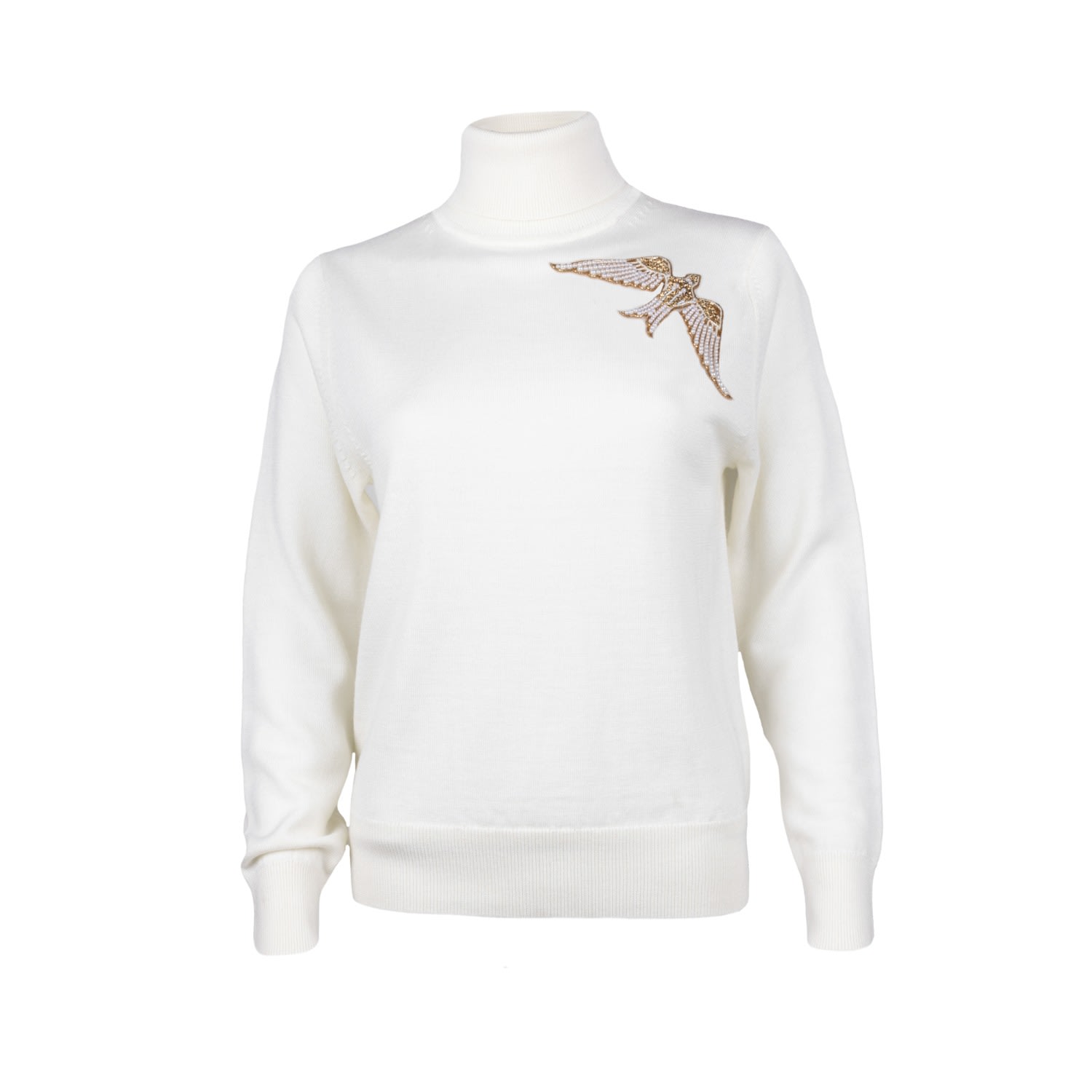 Women’s White Laines Couture Pearl & Gold Bird Embellished Knitted Roll Neck Jumper - Cream Small Laines London