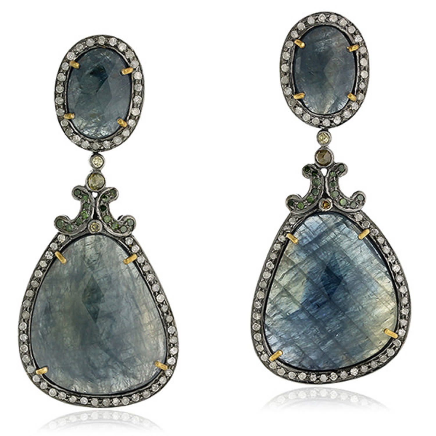 Women’s Gold / White Oval Cut Sapphire Gemstone & Diamond In 18K Gold With 925 Silver Dangle Earrings Jewelry Artisan