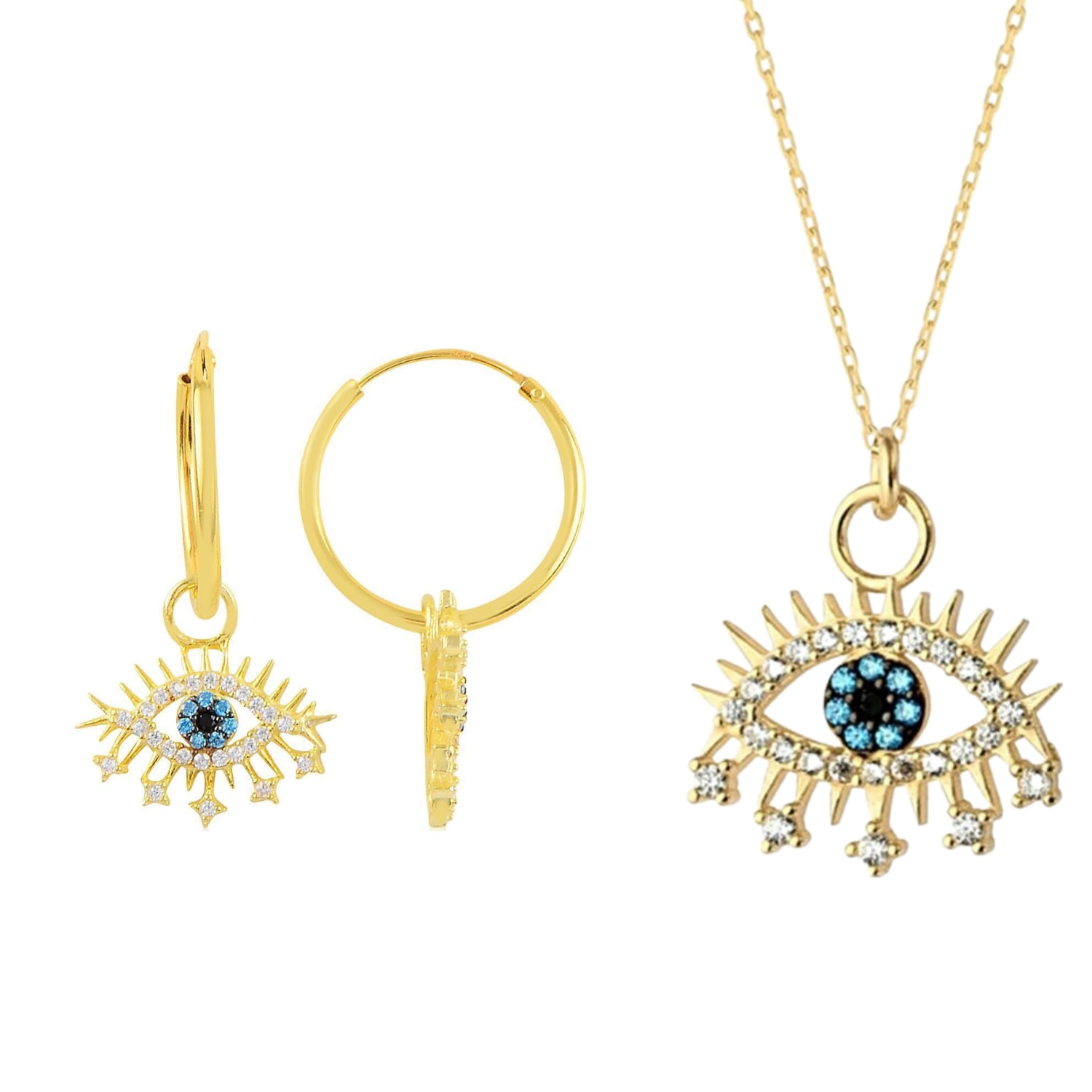 Women’s Evil Eye Earring Blue Eye Sterling Silver Pendant Eyelash Necklace & Earring Set - Gold Spero London