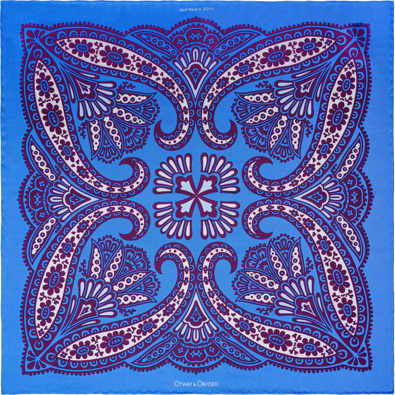 Men’s ’Kaleidoscope’ Paisley Silk Pocket Square In Blue, Burgundy & Cream. Full-Size. Otway & Orford