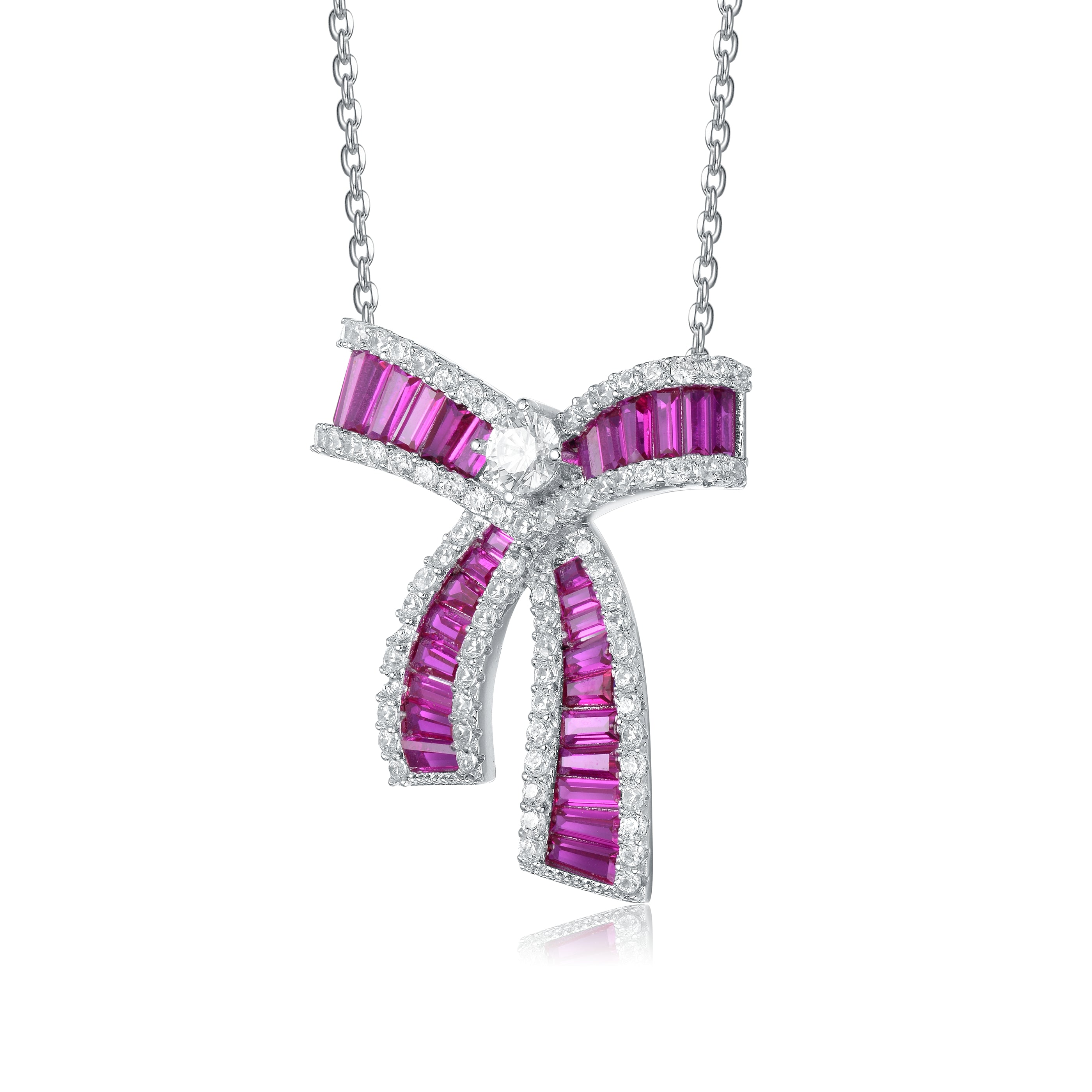 Women’s Silver / Pink / Purple Sterling Silver With Rhodium Plated & Cubic Zirconia Bowtie Pendant Necklace Genevive Jewelry