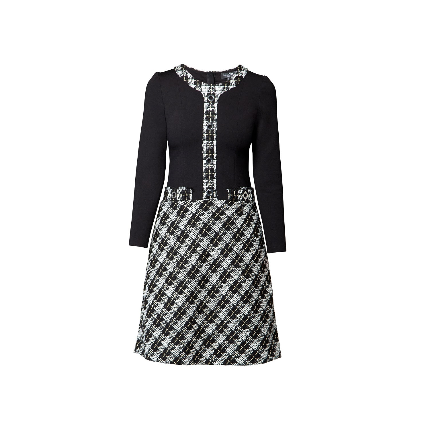Women’s White / Black Beatrice Jersey Dress With Checked Tweed Skirt Extra Small Rumour London