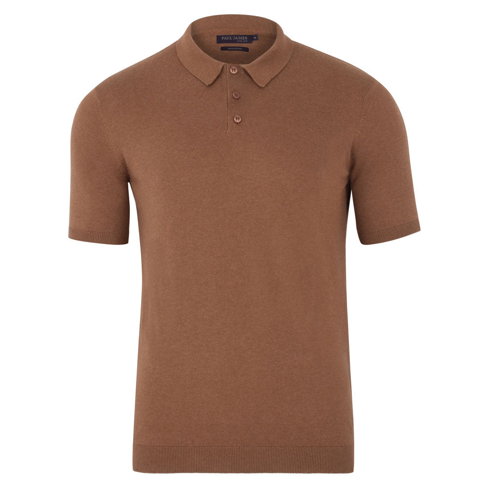 Brown Mens Ultra Fine Cotton Earl Short Sleeve Polo Shirt - Camel Small Paul James Knitwear