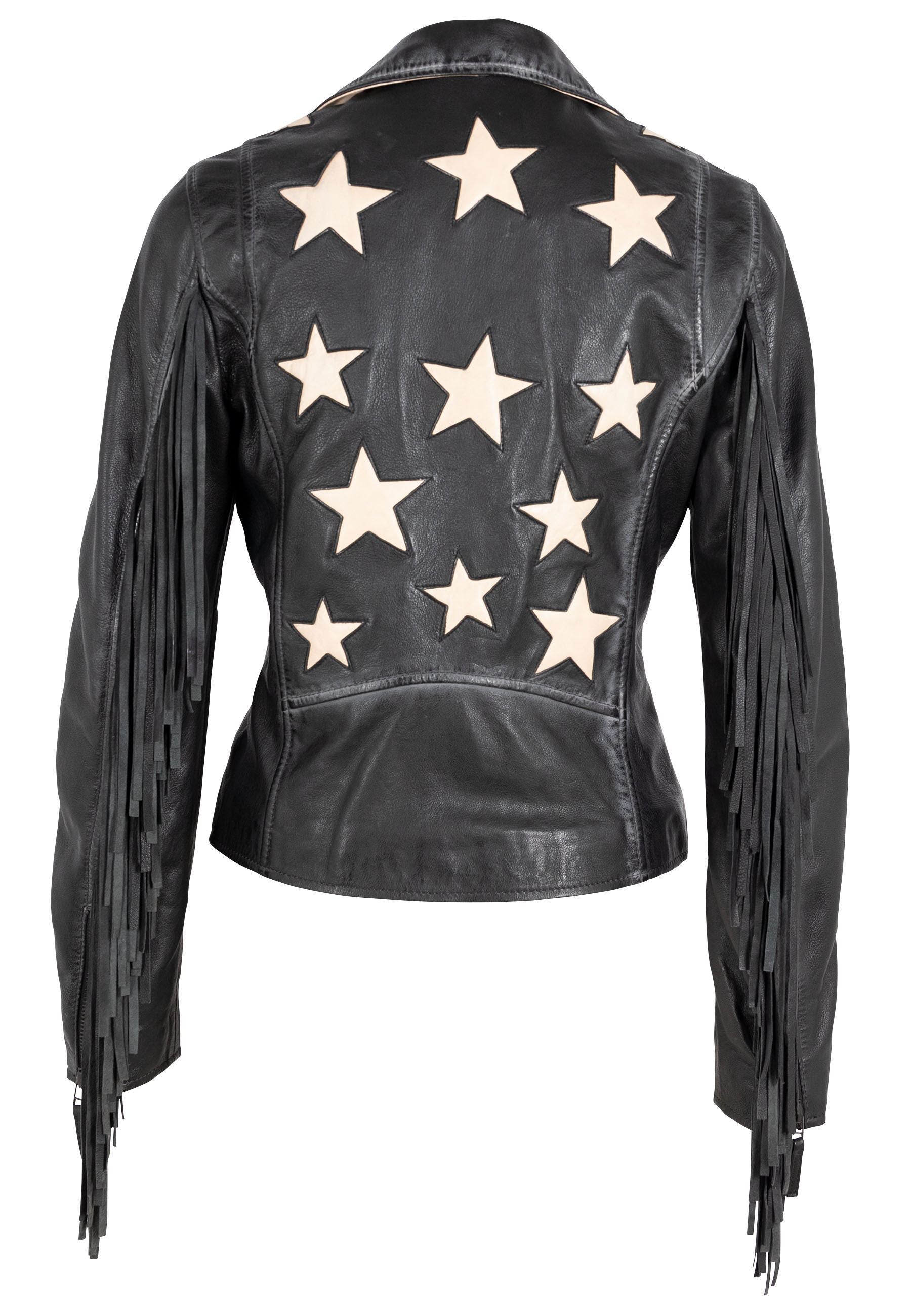 Women’s Crissy Star & Fringe Detail Leather Jacket, Black Large Mauritius