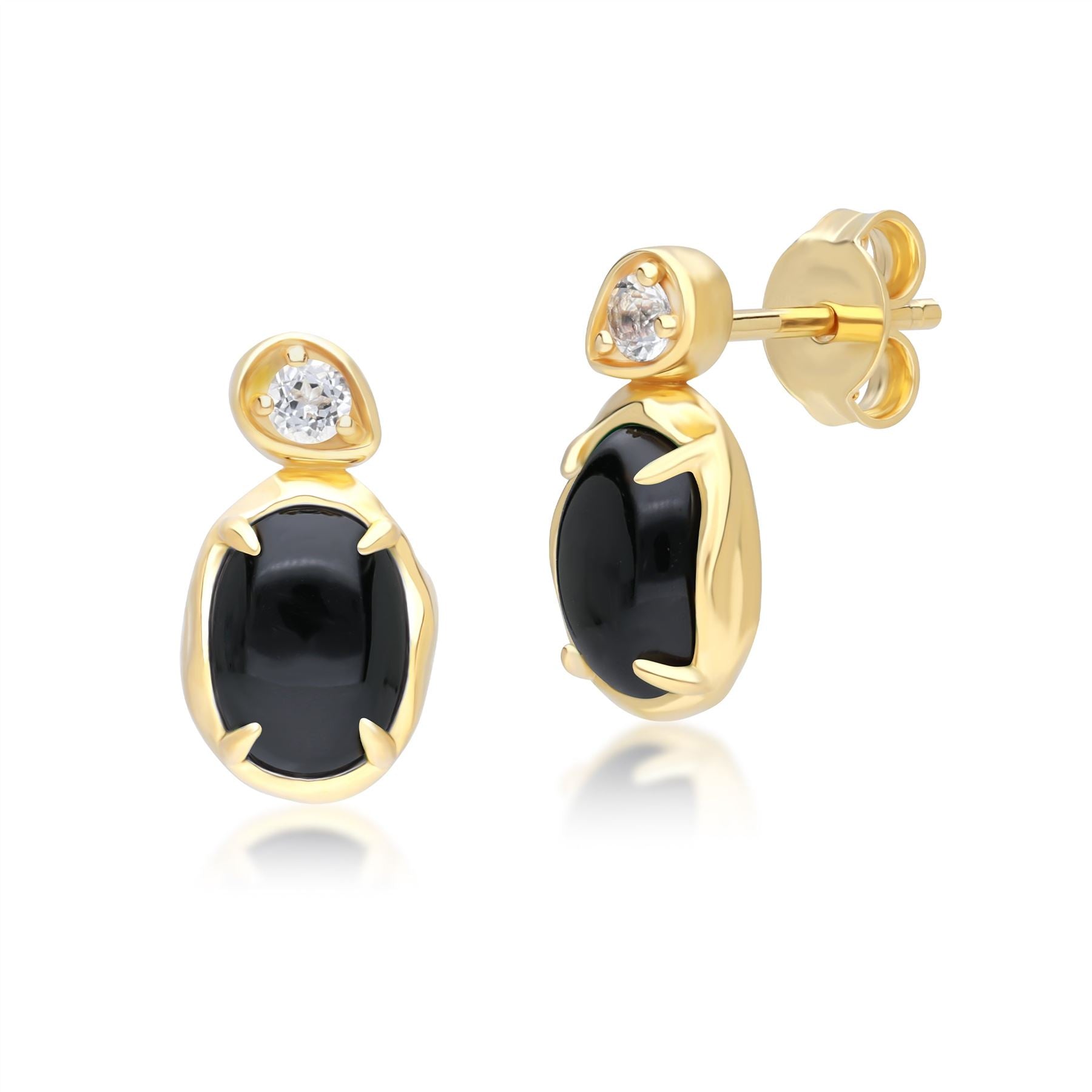 Women’s Gold / Black Oval Black Onyx & Topaz Drop Earrings In Gold Plated Sterling Silver Gemondo