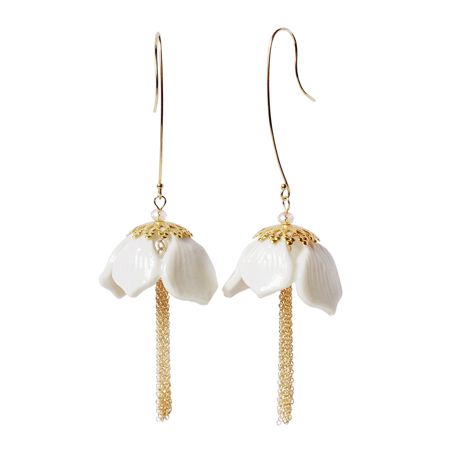 Women’s White Porcelain Snowdrop Flower Tassel Earrings Poporcelain