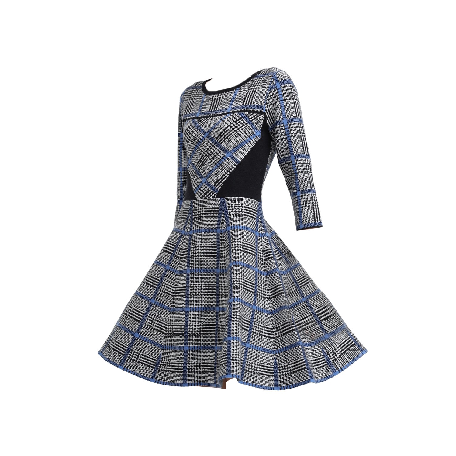 Women’s Blue Fit-And-Flare Tartan Knit Dress Small Smart and Joy