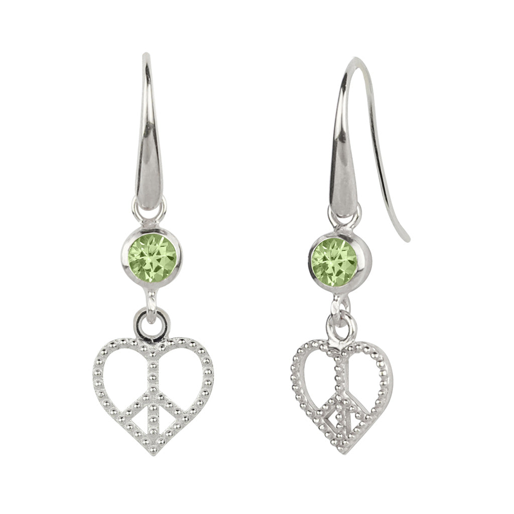 Women’s Peace Heart Silver Drop Earrings - Peridot Charlotte’s Web Jewellery