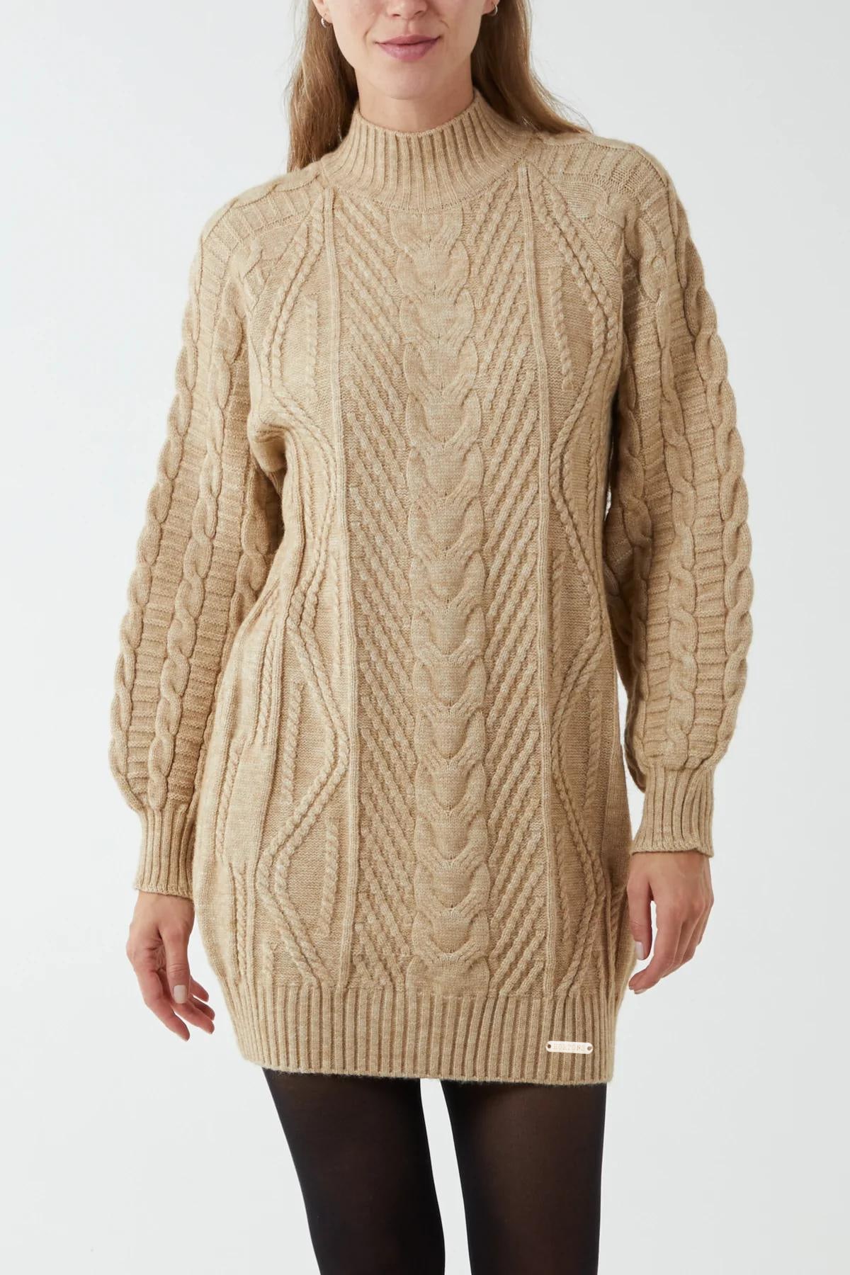 Women’s Neutrals Woodstock Cable Knit Jumper Dress - Camel S/M Hortons England