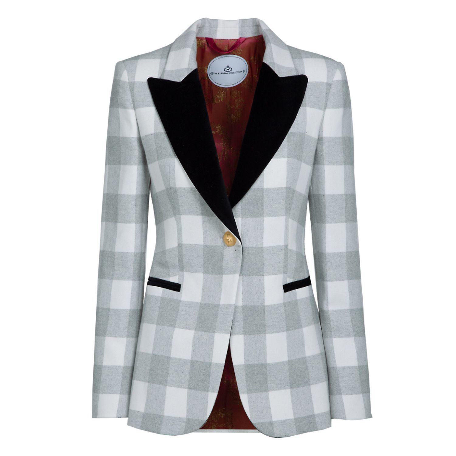 Women’s White Gray Plaid Single Breasted Margot Blazer Tartan Double Pockets With Velvet Pockets Xxs The Extreme Collection