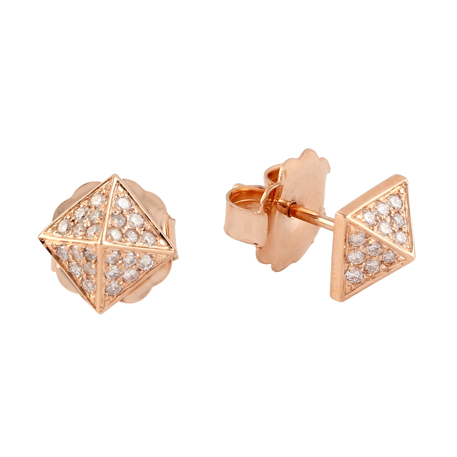 Women’s Rose Gold / White 18K Solid Rose Gold With Pave Diamond Pyramid Design Stud Earrings Artisan