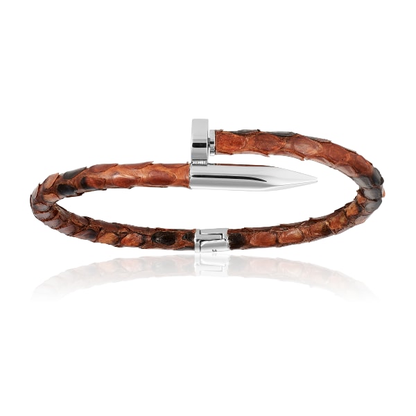 Men’s Brown Python Bracelet With Silver Nail Unisex Double Bone Bracelets