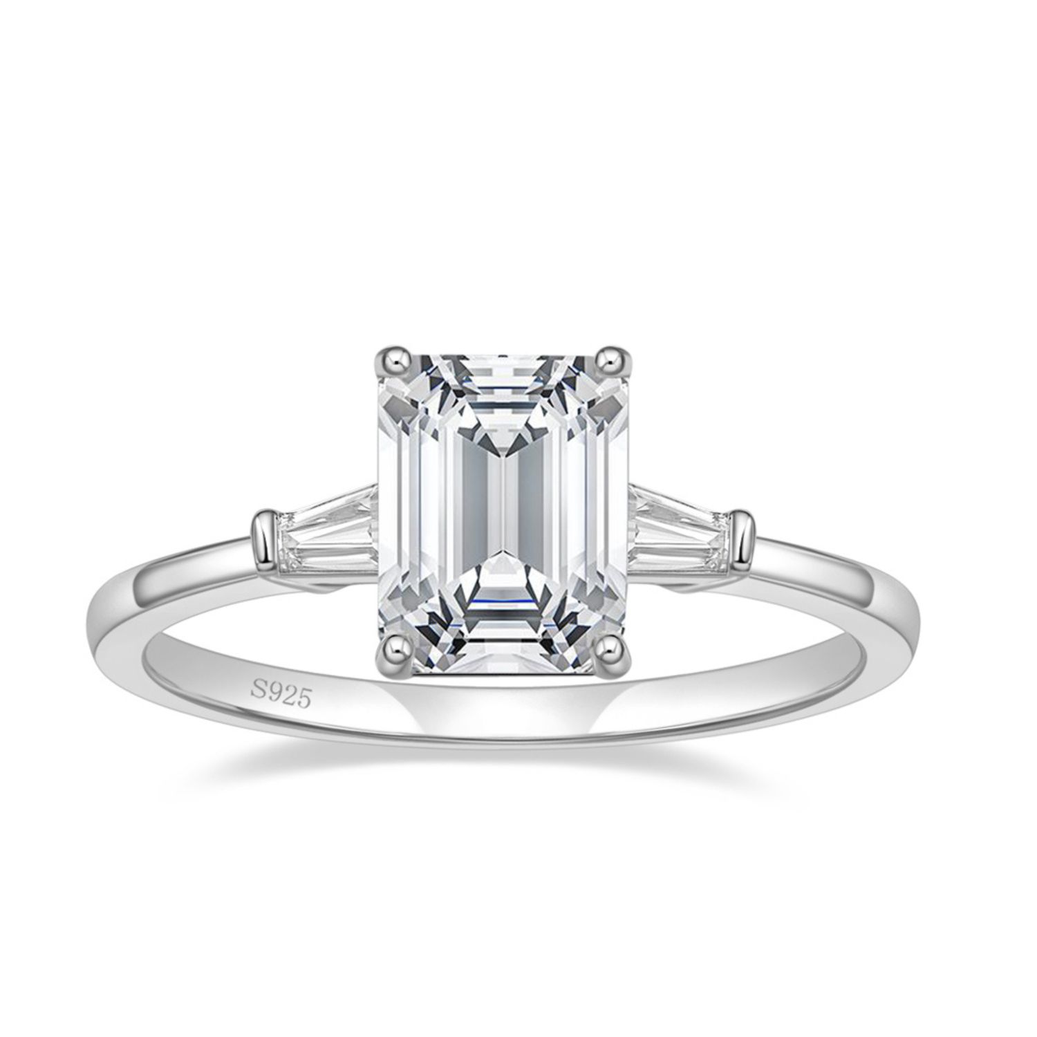 Women’s Silver Emerald Cut Three Stone Platinum Ring Atelier Jewellery