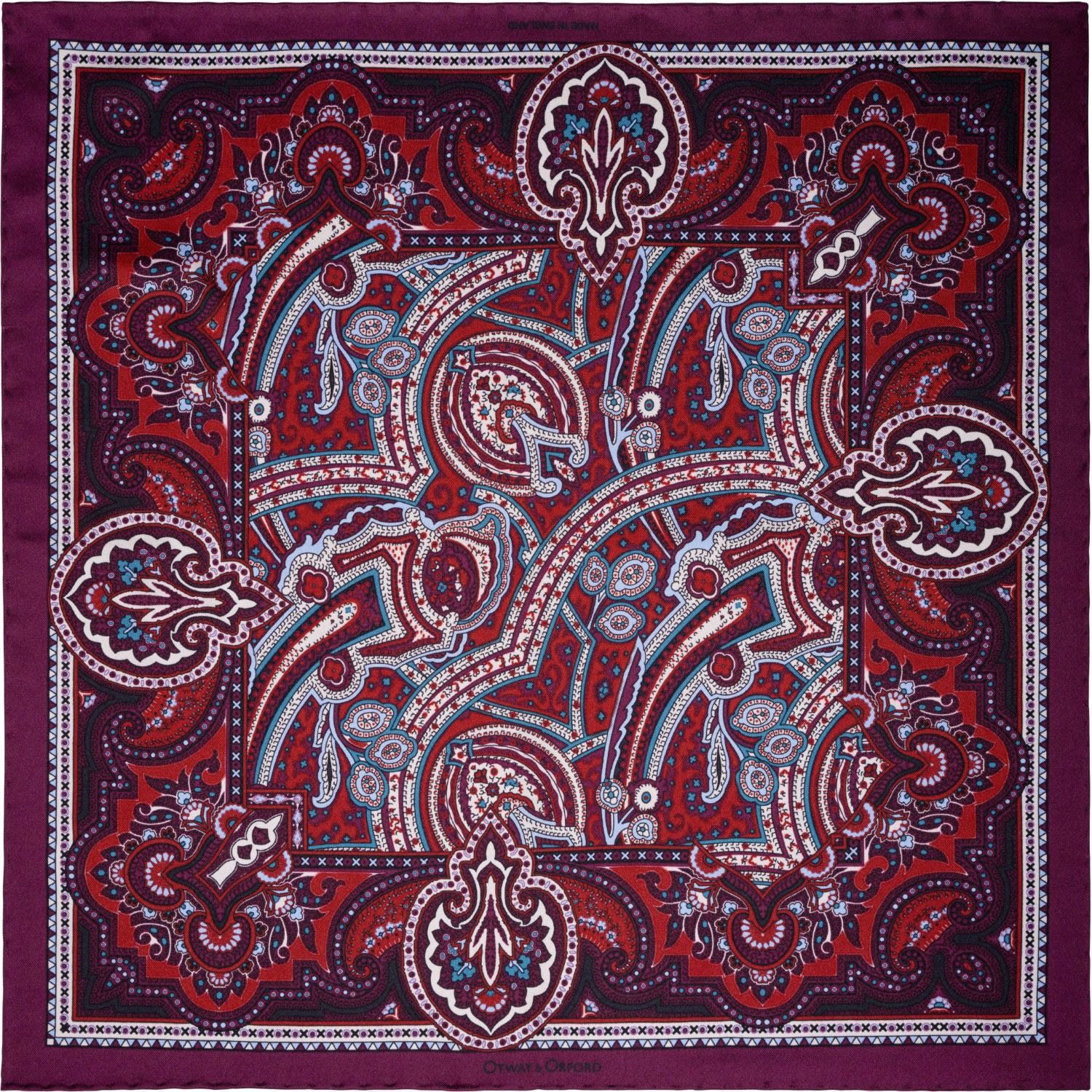 Men’s ’Labyrinth’ Paisley Silk Pocket Square In Burgundy, Red, Blue & Cream. Full-Size. Otway & Orford