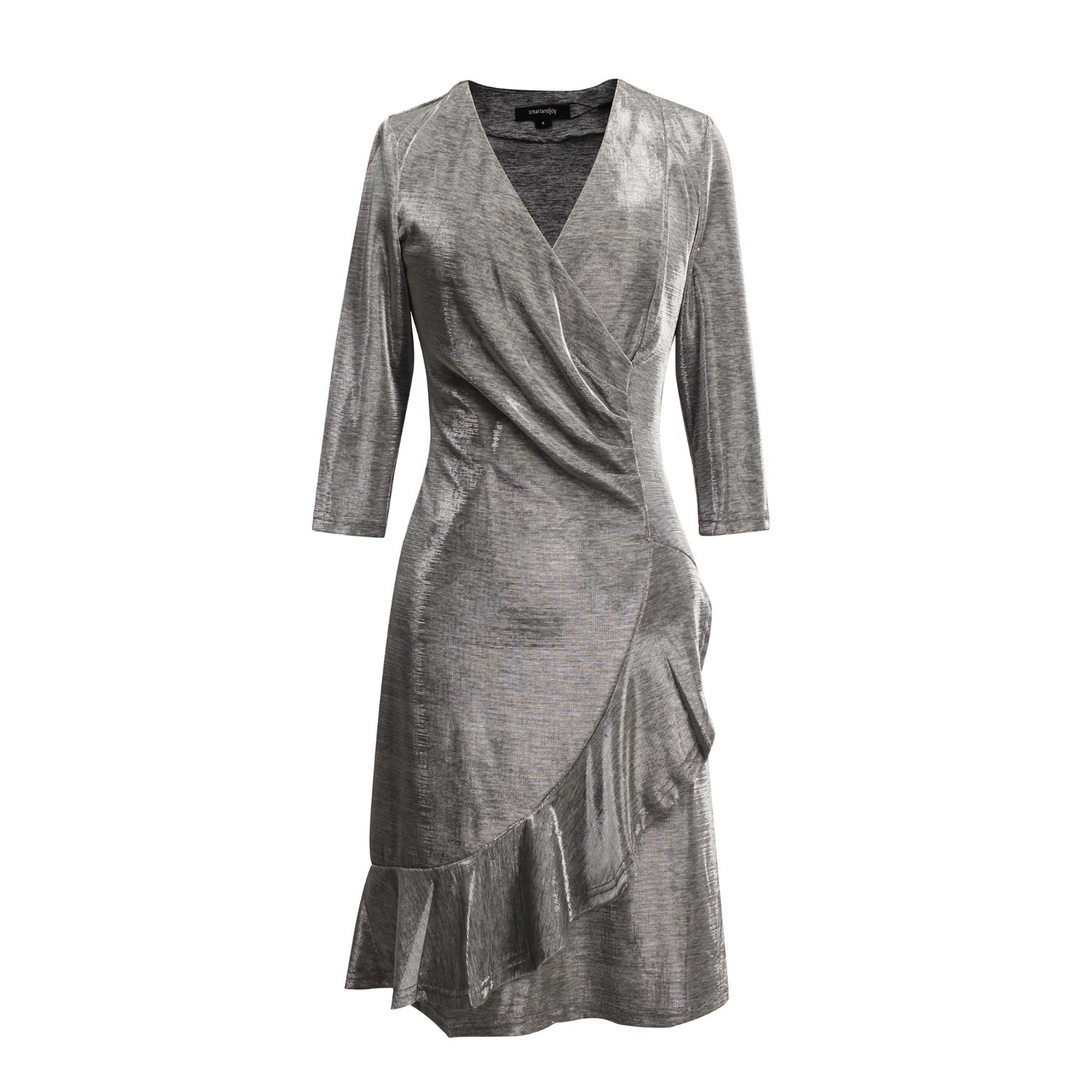 Women’s Grey Cross-Heart Fit-And-Flare Tiered Ruffle Shiny Dress Small Smart and Joy