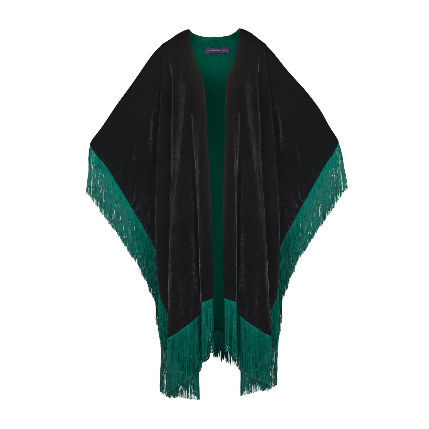 Women’s Green / Black The Gypset Silk Velvet Poncho With Fringes/Tassels One Size Mirayama