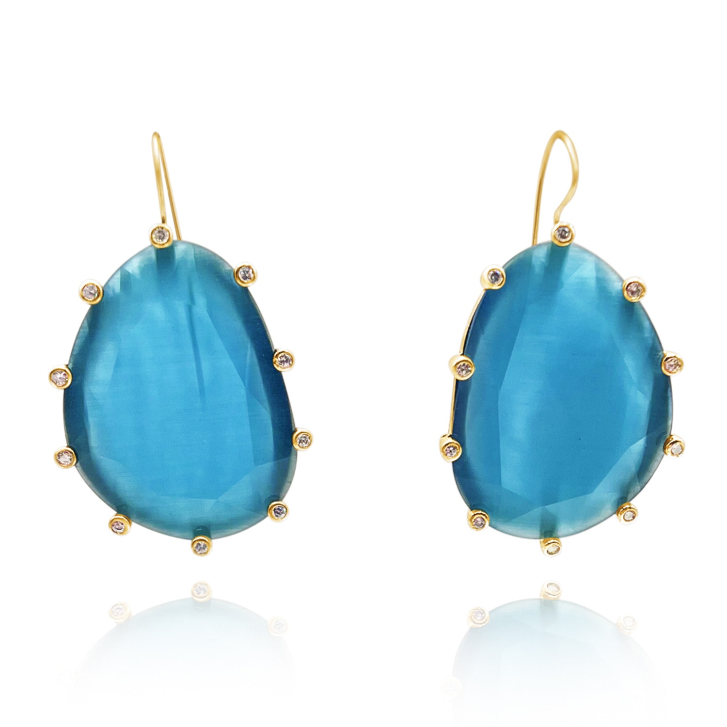 Women’s Blue Cat’s Eye Sliced Turquoise And Cubic Zirconium Earrings In Brass With Gold-Filled Wires Michael Nash Jewelry