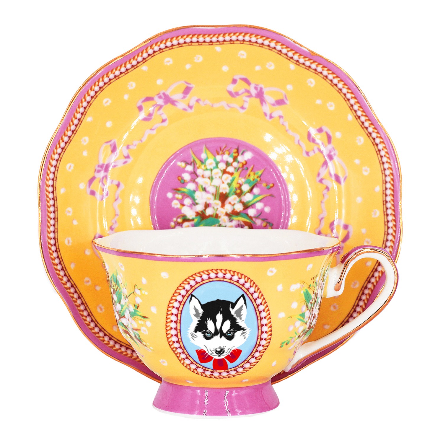 Yellow / Orange Mishka Teacup & Saucer Poppy Angeloff