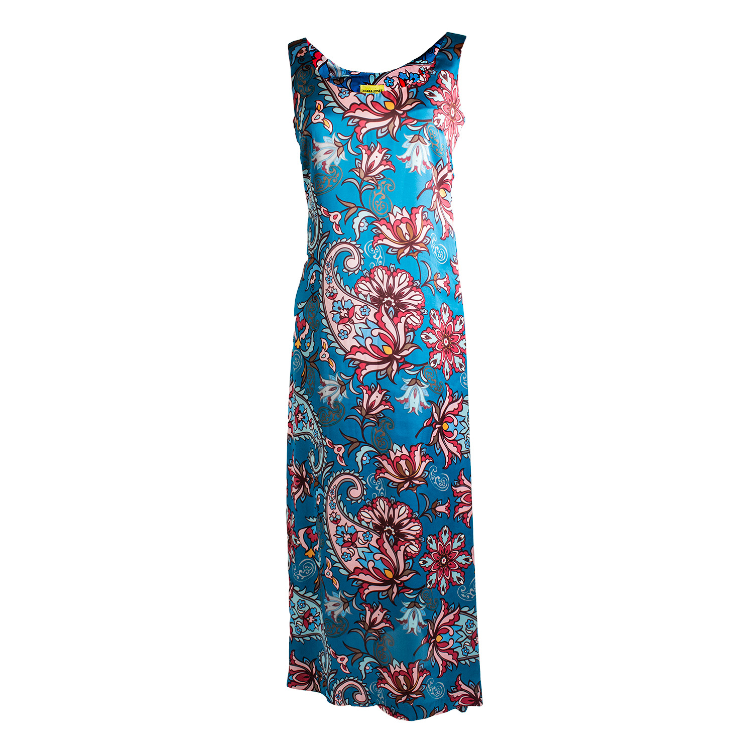 Women’s Blue Floral Paisley Print Satin Scoop-Neck Maxi Dress Medium Janara Jones