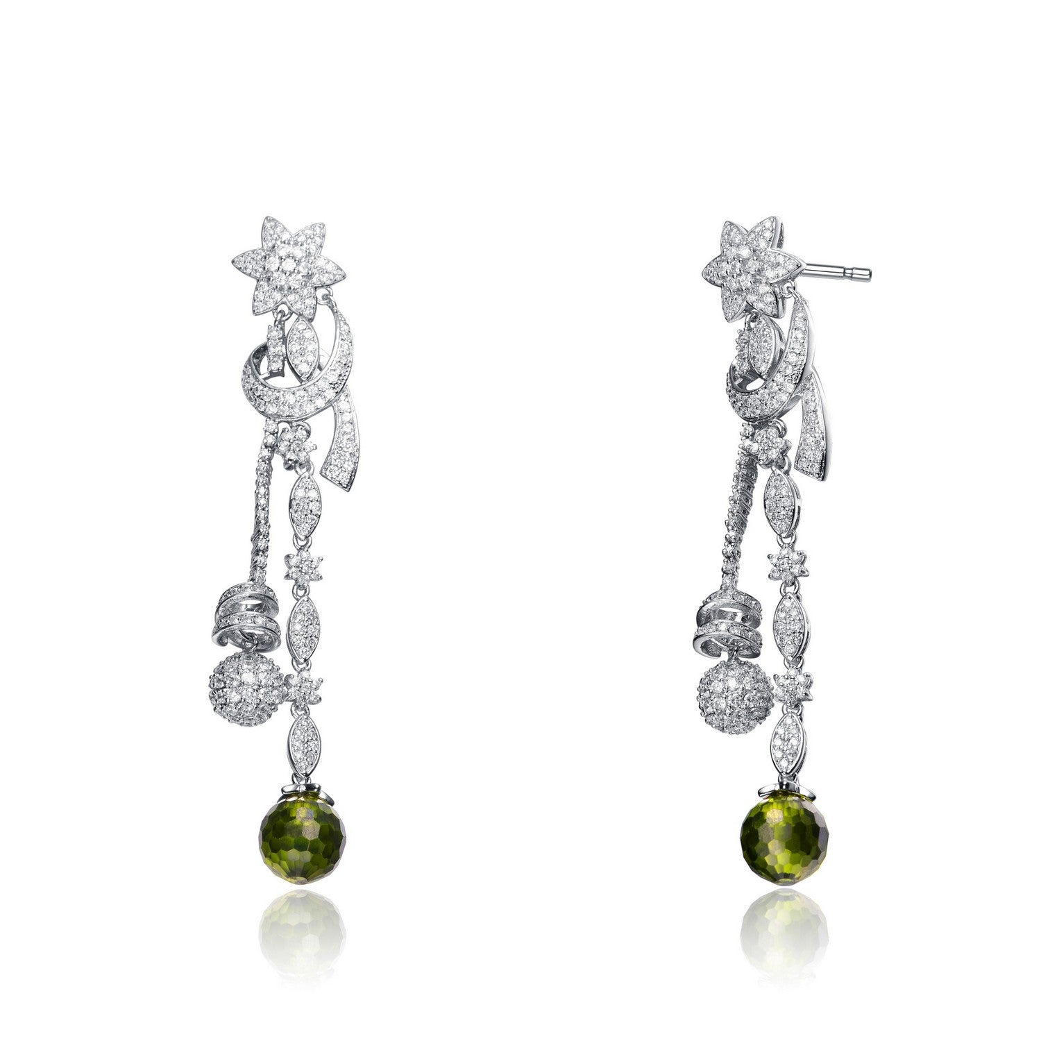 Women’s Green / White / Silver Sterling Silver Green Cubic Zirconia Two Strand Earrings Genevive Jewelry