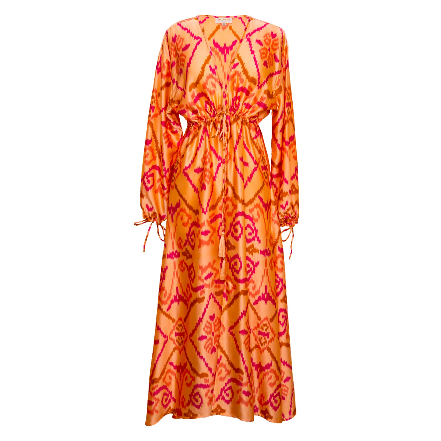 Women’s Yellow / Orange Enchanted Deep V Front Long Sleeve Midi Dress - Silk - Ikat Mango One Size [Et Cetera] Woman