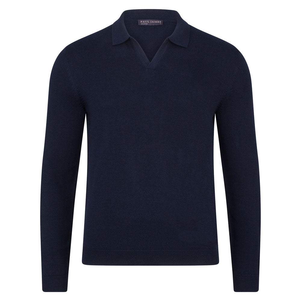 Blue Mens Cotton Lightweight Lyndon Buttonless Polo Shirt - Navy Large Paul James Knitwear